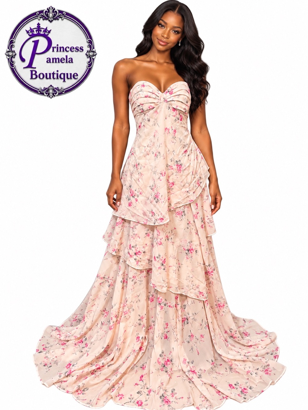 #32 B-8 Peach floral  tiered long dress-Size 6/Small